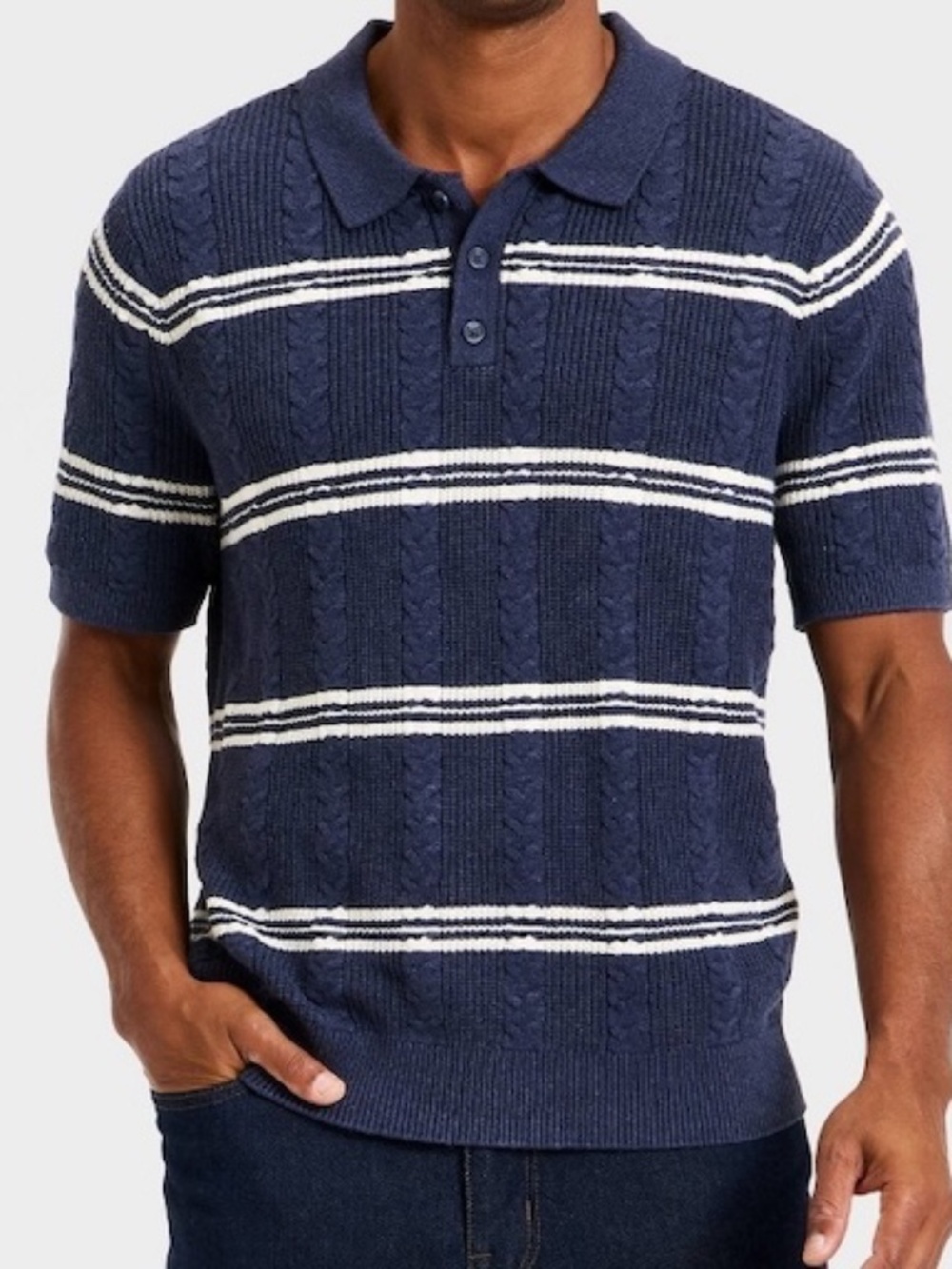 Goodfellow & Co Mens Large Polo Collar Sweater Blue Stripe Cable Knit Short Slv